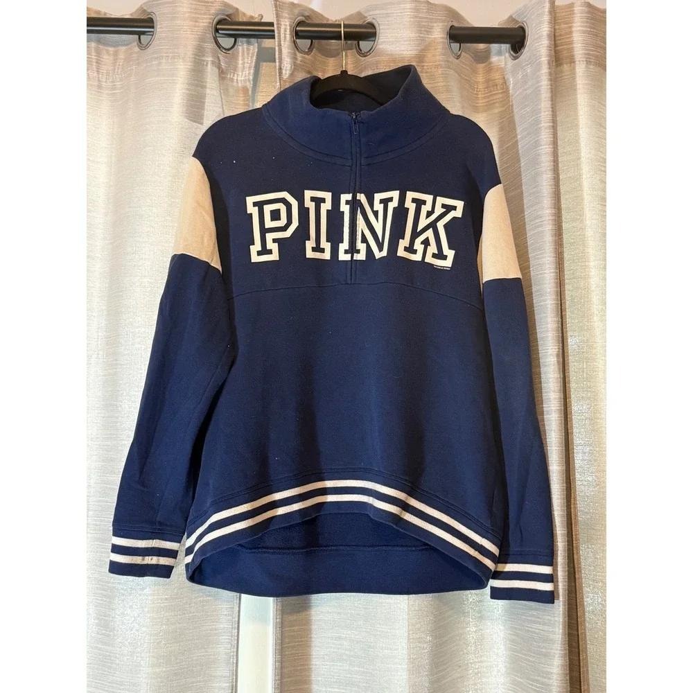 Victoria Secret PINK Varsity Half Zip Pullover Sweatshirt Blue Colorblock Fair
